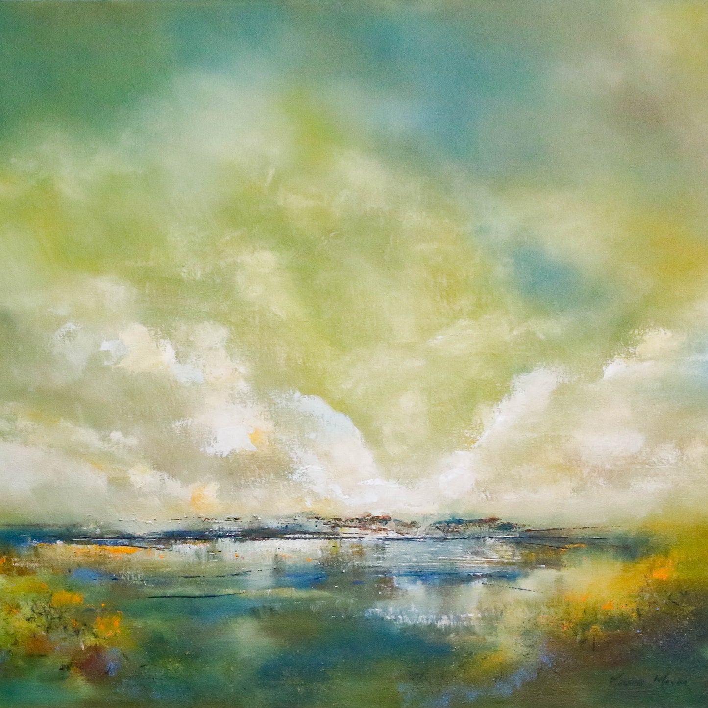 Abstract painting of a landscape with clouds and water