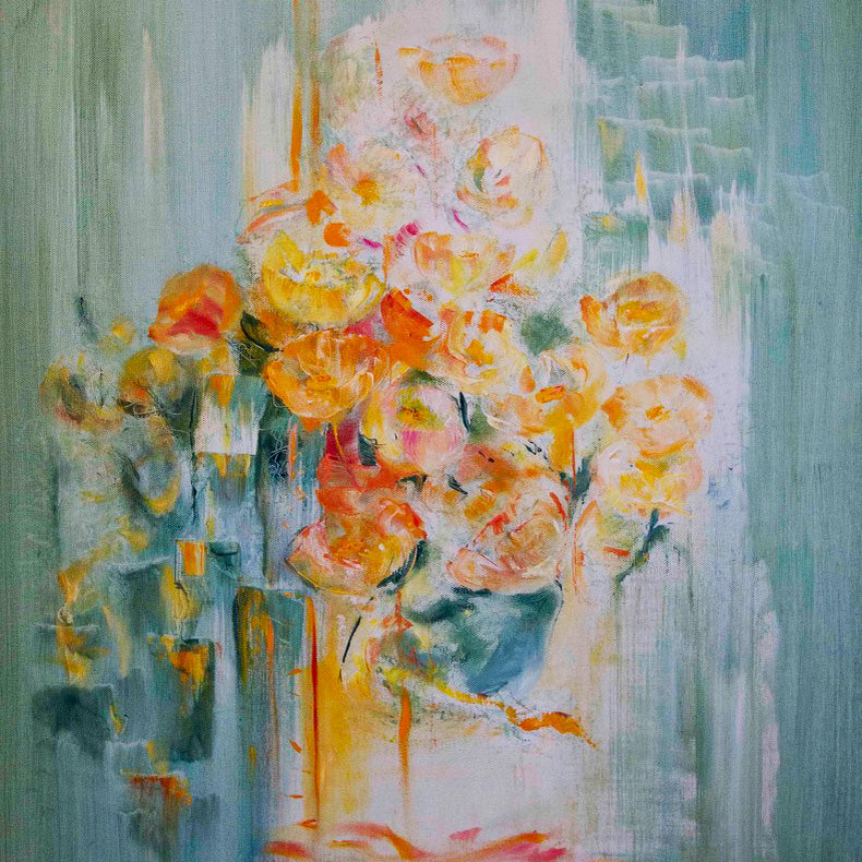 Abstract painting of flowers with a focus on yellow and orange hues.