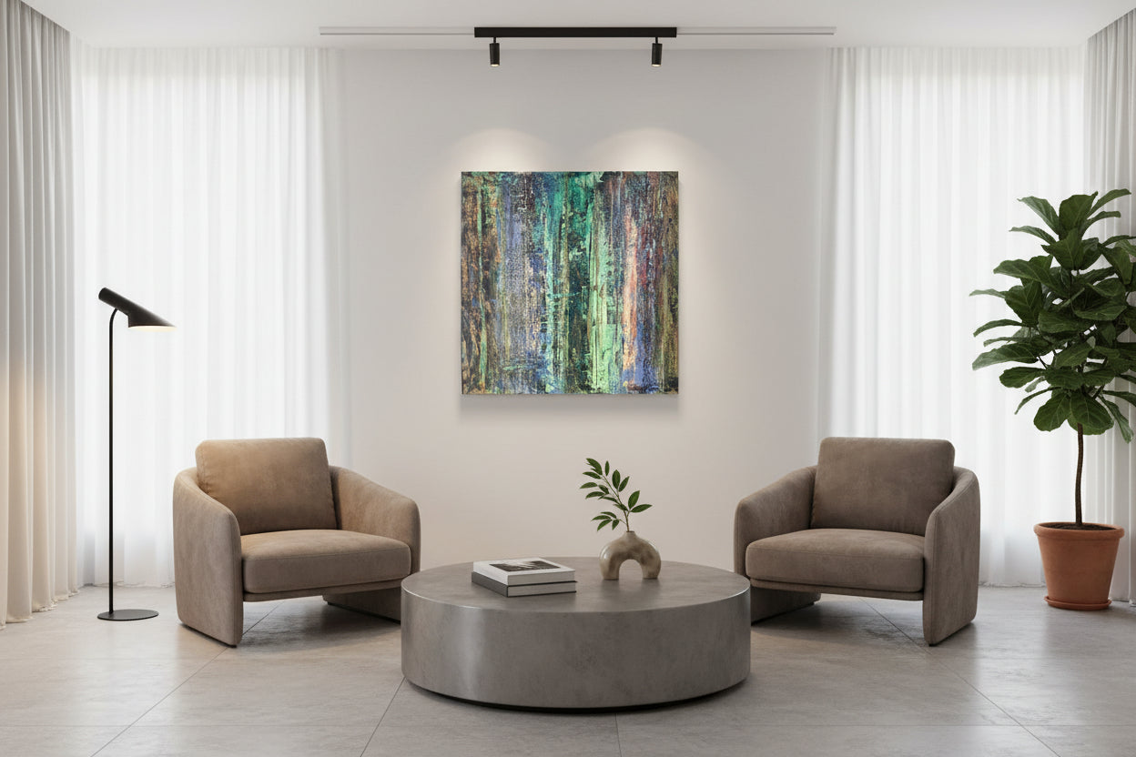 Abstract art with textured brush strokes in green, brown, and blue.