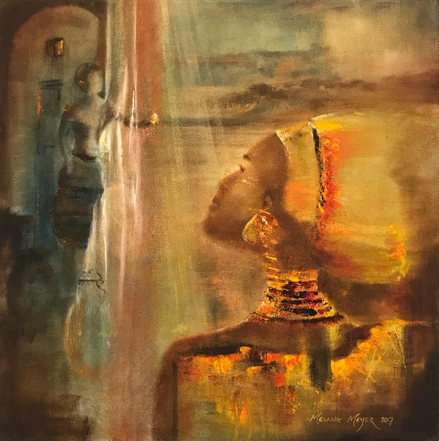 Abstract painting of a woman with a lamp and draped fabric