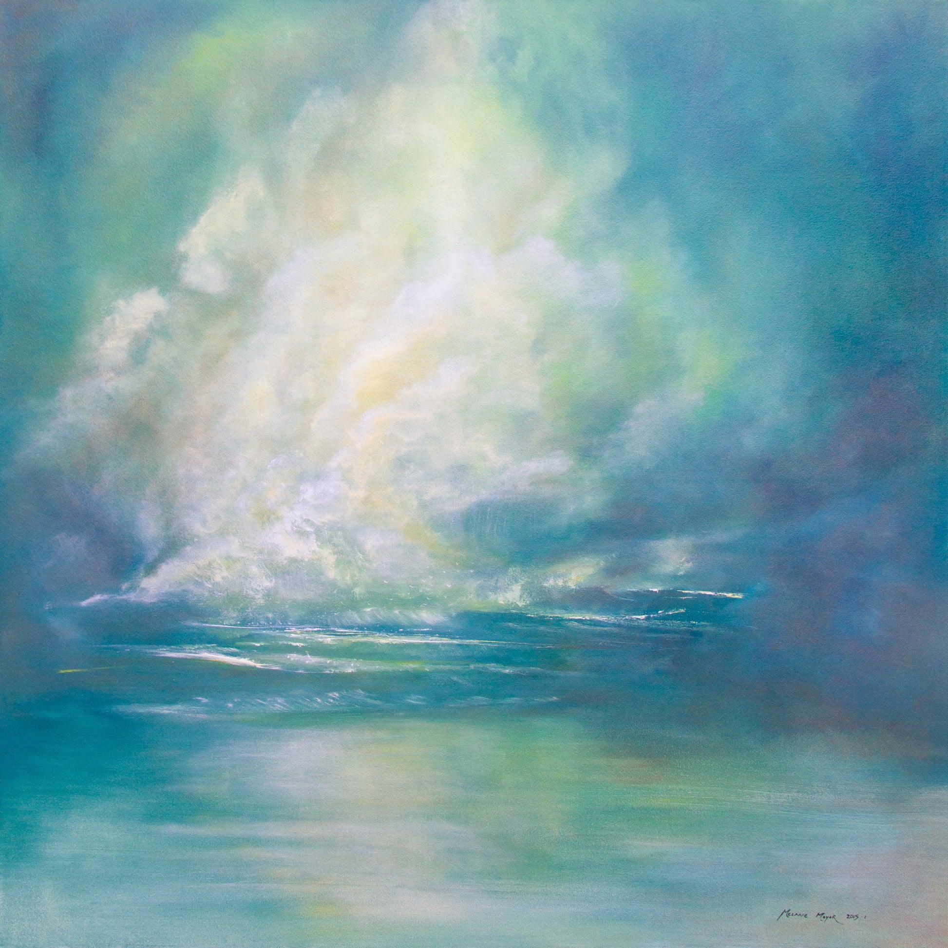 Abstract painting of a celestial scene with a bright light source and colorful sky.