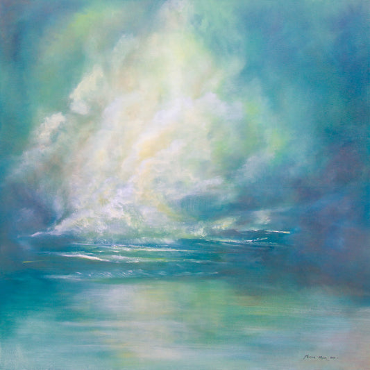Abstract painting of a celestial scene with a bright light source and colorful sky.