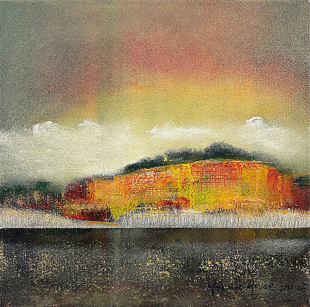 Abstract landscape painting with a rainbow over a hillside.