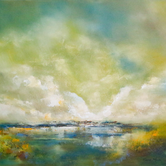 Abstract painting of a landscape with clouds and water