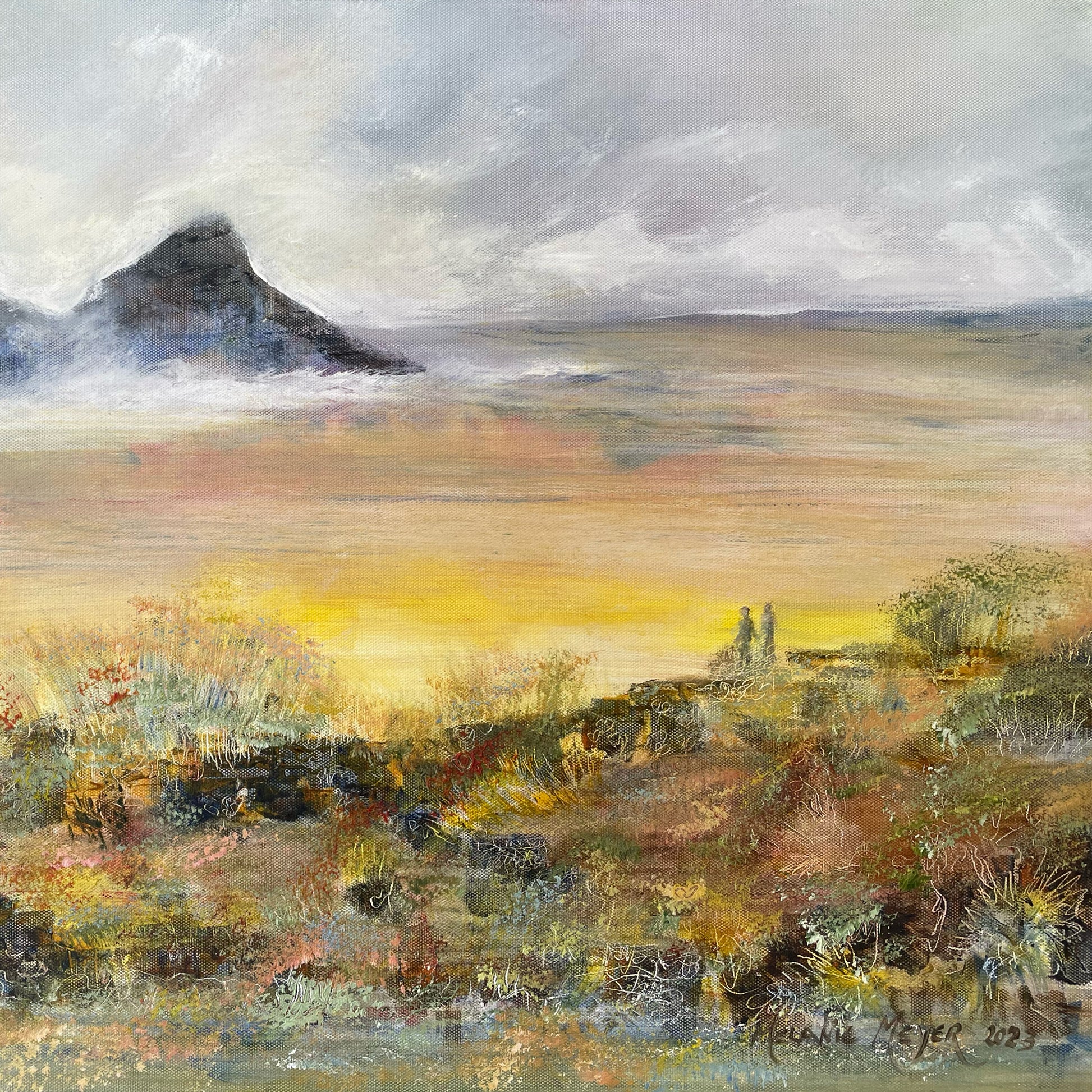 Painting of a landscape with a mountain and fields under a cloudy sky