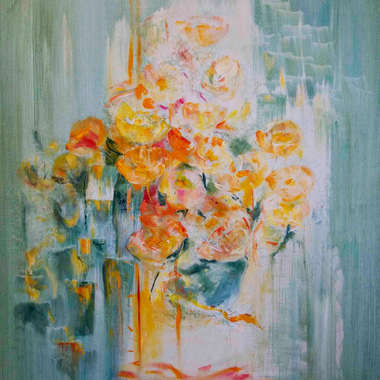 Abstract painting of flowers with a focus on yellow and orange hues.