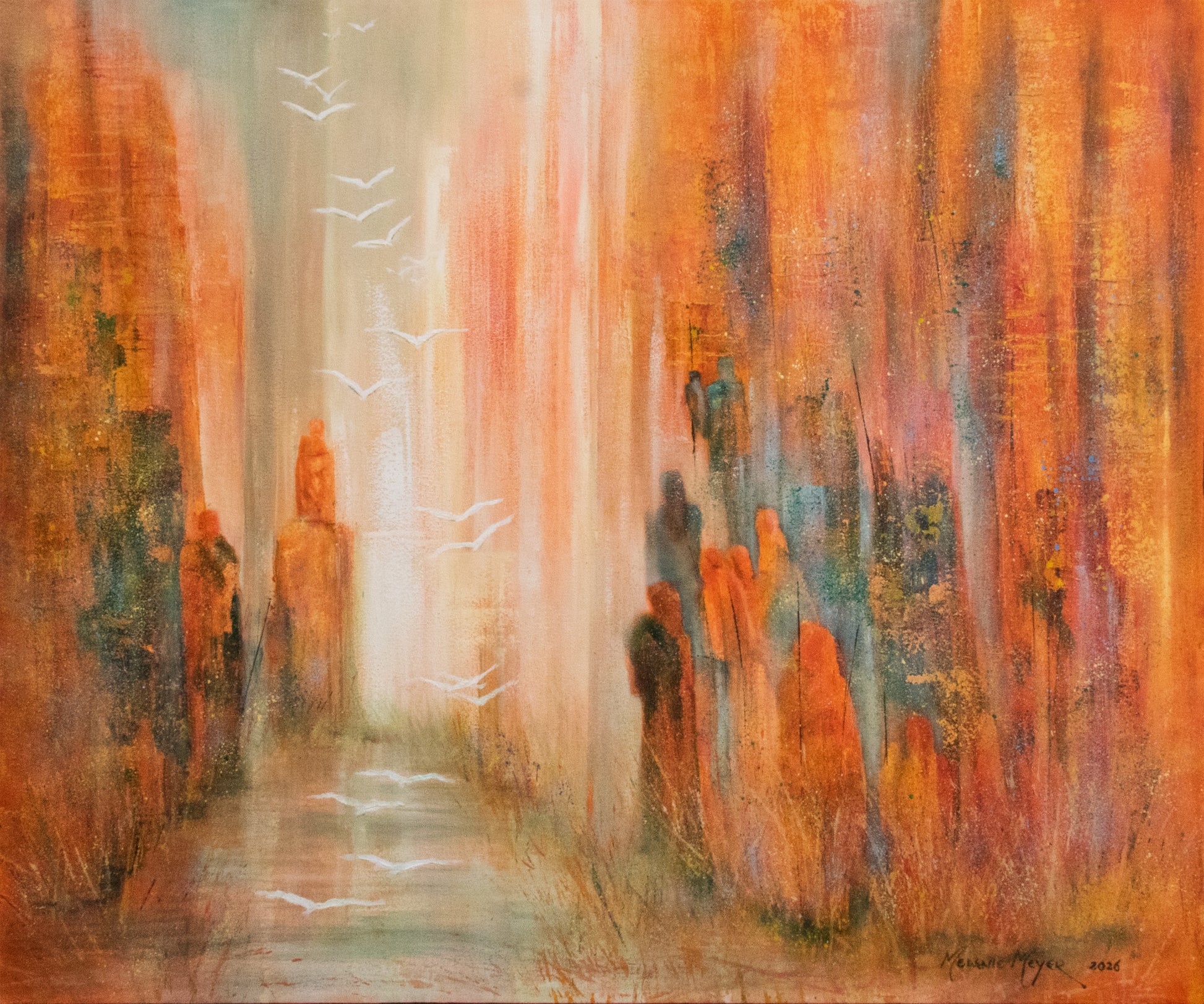 Abstract painting with warm colors and figures in a forest-like setting