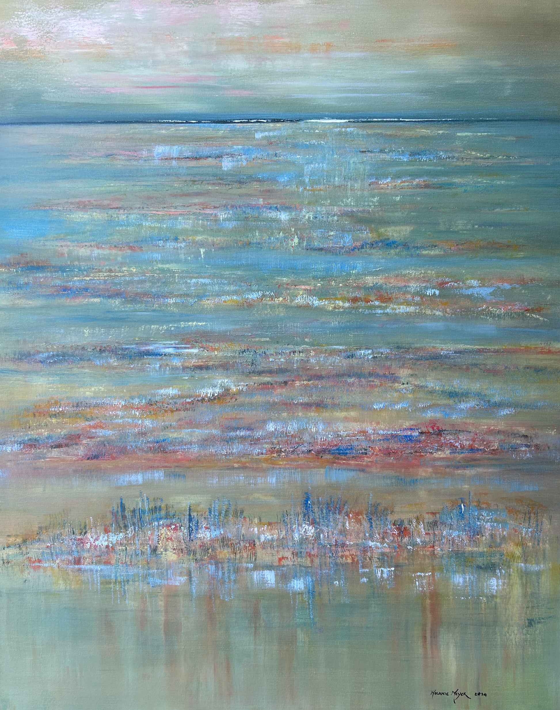 Abstract painting with horizontal brushstrokes in earthy tones