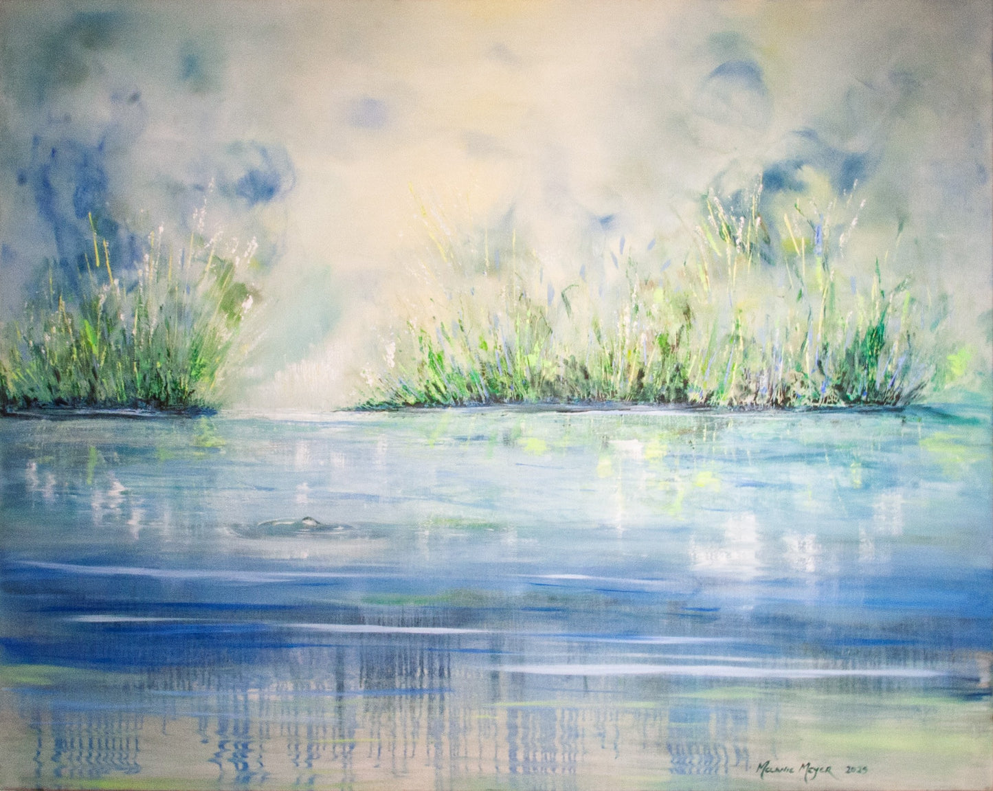 Watercolor painting of a serene landscape with water, grass, and sky.